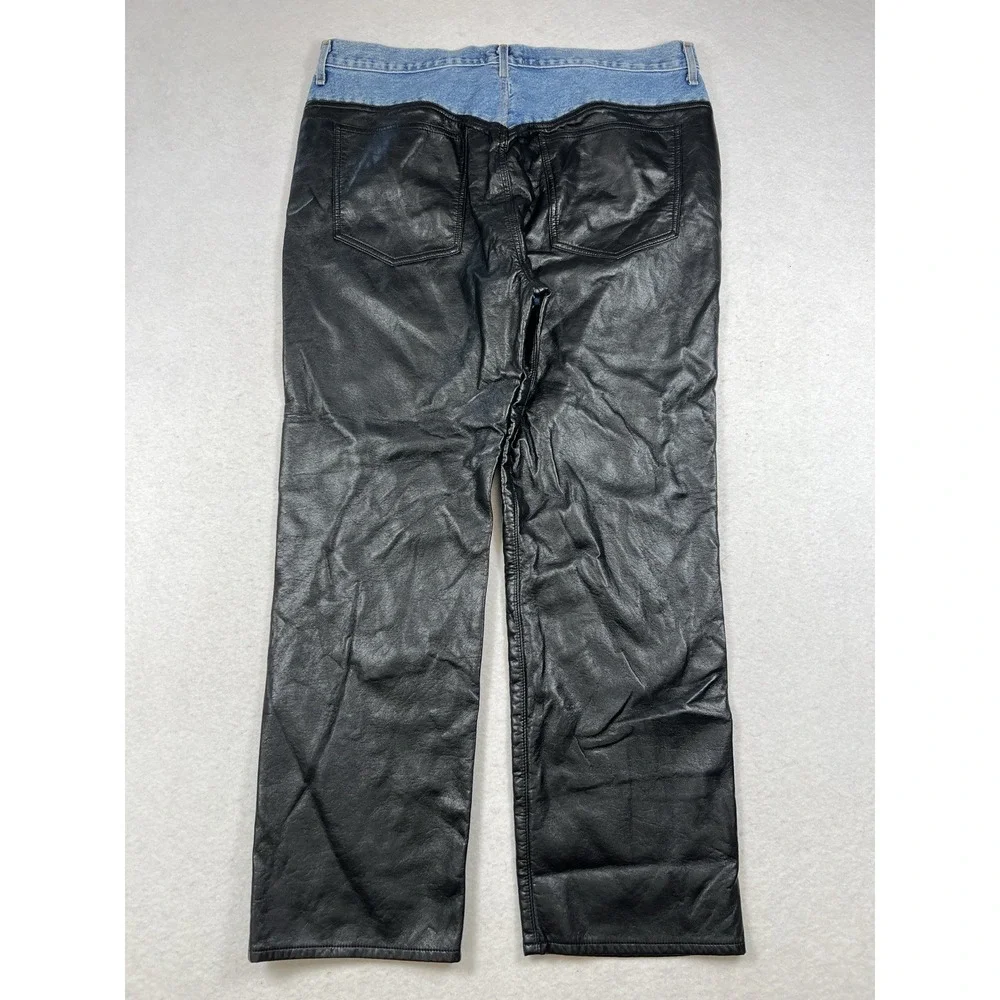 Agolde‎ Harley Denim And Leather Panel High Rise Straight Leg Jeans Blue Size 34